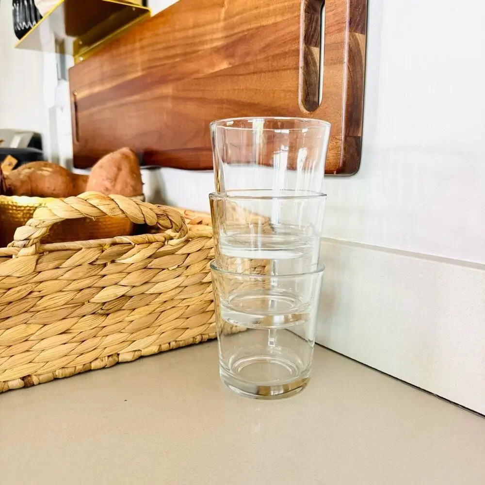 POTTERY BARN Clear Modern Stemless Lowball Juice Glass Drink Wear Glasses Set 3